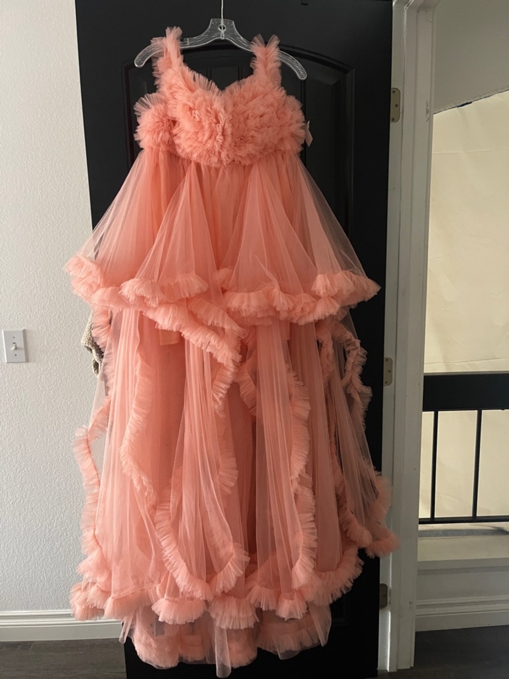 Peach Tulle Maternity Gown S /M Baby Shower Photoshoot Dress Ruffle Lace Up Back - Picture 5 of 10
